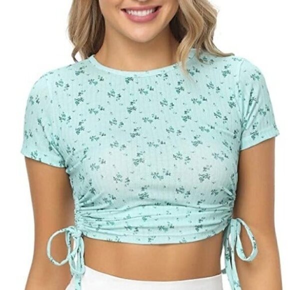5/$25 NEW Women's Floral Print Drawstring Short Sleeve T Shirt Basic Cotton Tee - Picture 1 of 6